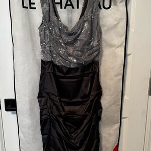 Le Chateau Gray and Black Ruched Prom Dress